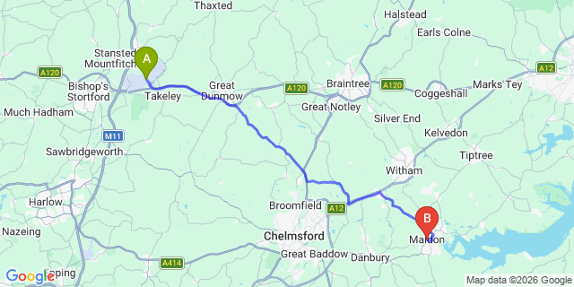 Map: London Stansted Airport (STN) to Maldon