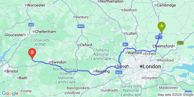 Map: London Stansted Airport (STN) to Malmesbury