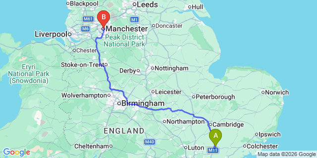 Map: London Stansted Airport (STN) to Manchester