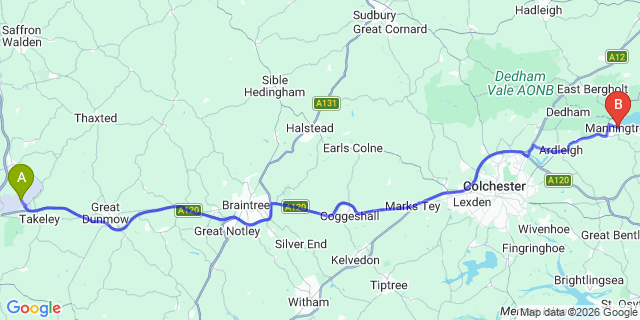 Map: London Stansted Airport (STN) to Manningtree