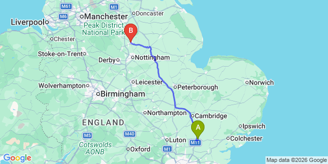 Map: London Stansted Airport (STN) to Mansfield