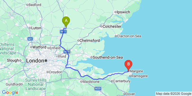 Map: London Stansted Airport (STN) to Margate