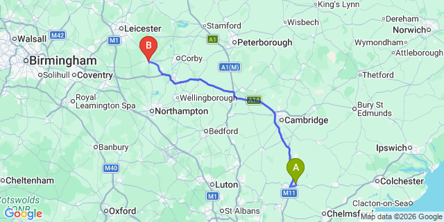 Map: London Stansted Airport (STN) to Market Harborough