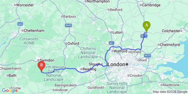 Map: London Stansted Airport (STN) to Marlborough
