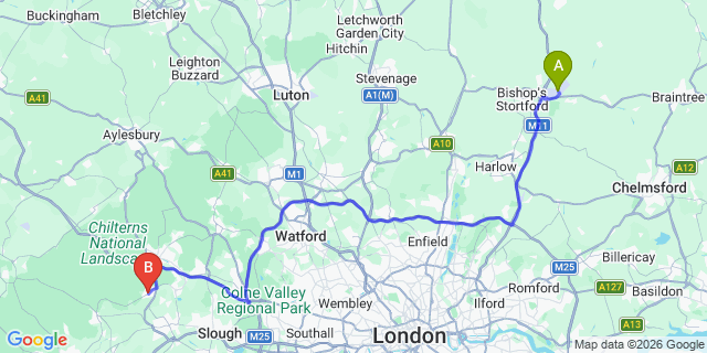 Map: London Stansted Airport (STN) to Marlow