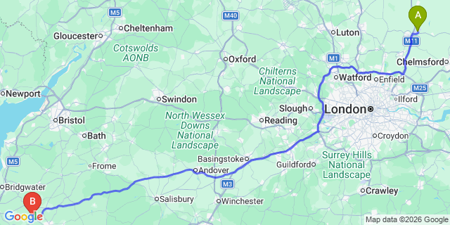 Map: London Stansted Airport (STN) to Martock
