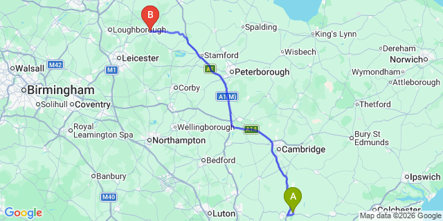 Map: London Stansted Airport (STN) to Melton Mowbray