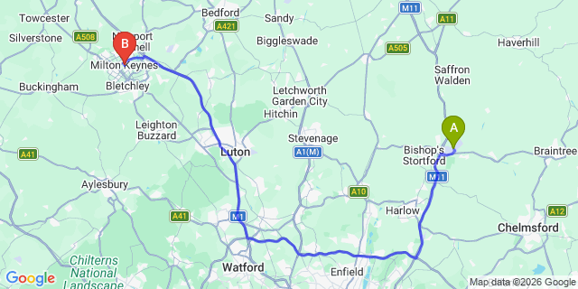 Map: London Stansted Airport (STN) to Milton Keynes