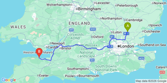 Map: London Stansted Airport (STN) to Minehead