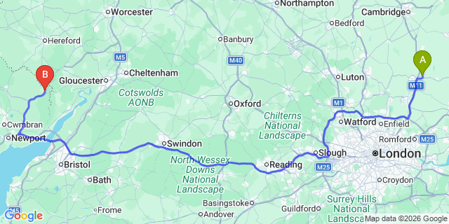 Map: London Stansted Airport (STN) to Monmouth