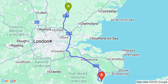 Map: London Stansted Airport (STN) to New Romney