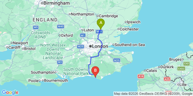 Map: London Stansted Airport (STN) to Newhaven
