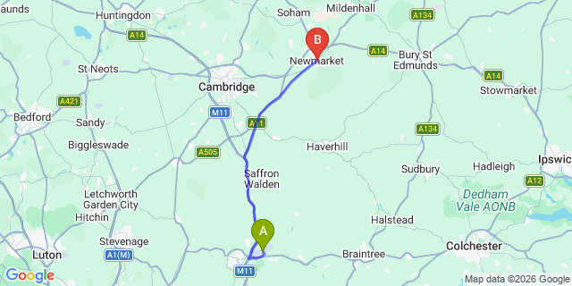 Map: London Stansted Airport (STN) to Newmarket