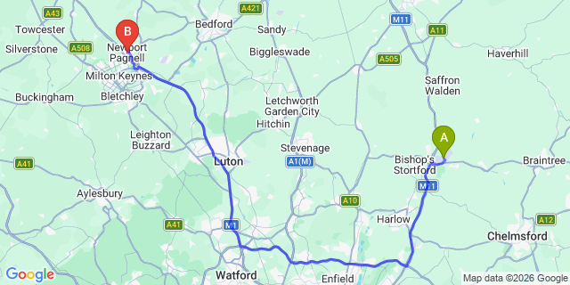 Map: London Stansted Airport (STN) to Newport Pagnell