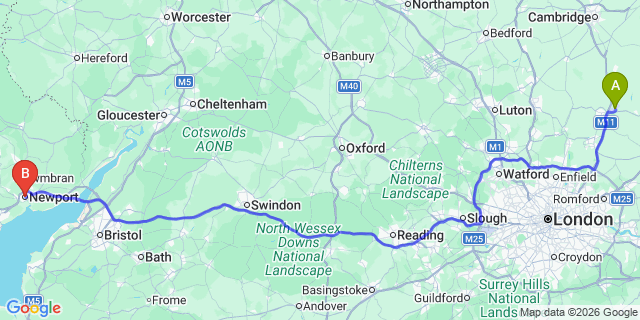 Map: London Stansted Airport (STN) to Newport