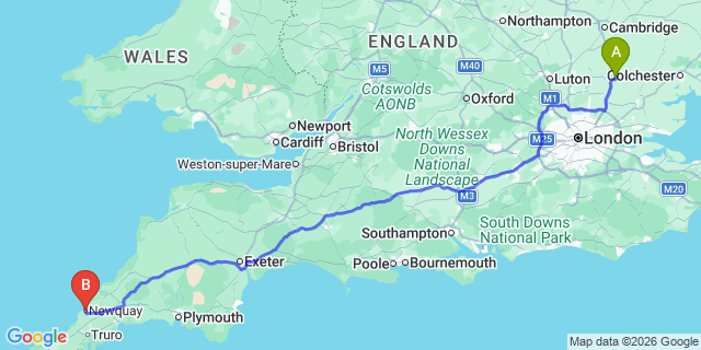 Map: London Stansted Airport (STN) to Newquay