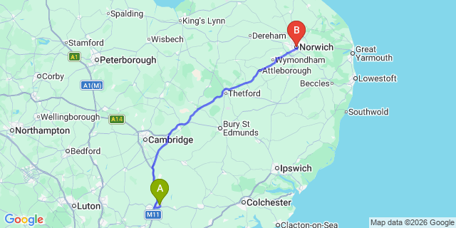 Map: London Stansted Airport (STN) to Norwich