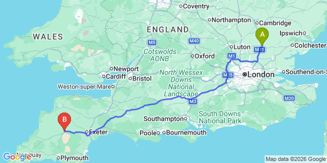 Map: London Stansted Airport (STN) to Okehampton