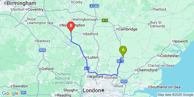 Map: London Stansted Airport (STN) to Olney