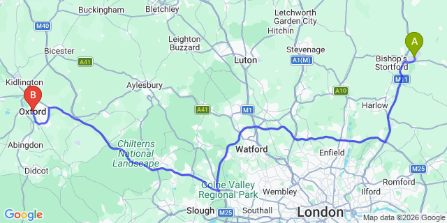 Map: London Stansted Airport (STN) to Oxford