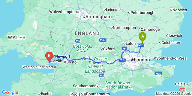 Map: London Stansted Airport (STN) to Penarth