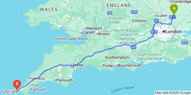 Map: London Stansted Airport (STN) to Penzance