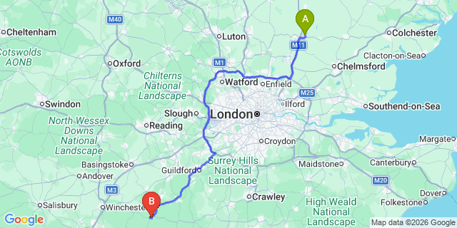 Map: London Stansted Airport (STN) to Petersfield
