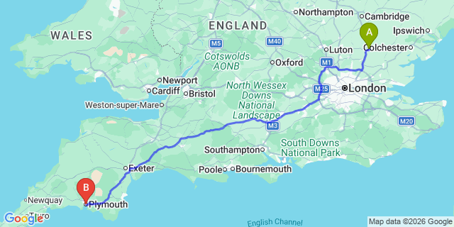Map: London Stansted Airport (STN) to Plymouth