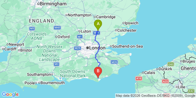 Map: London Stansted Airport (STN) to Polegate
