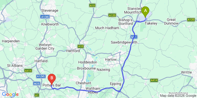 Map: London Stansted Airport (STN) to Potters Bar