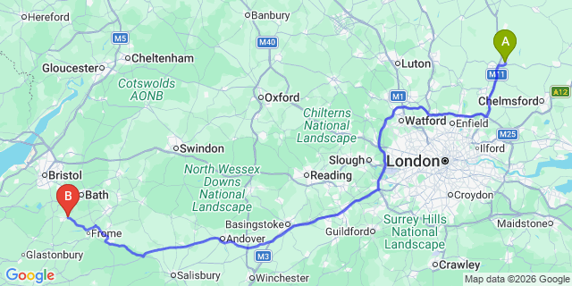 Map: London Stansted Airport (STN) to Radstock