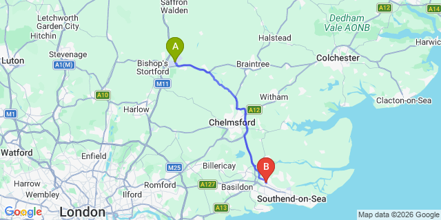 Map: London Stansted Airport (STN) to Rayleigh