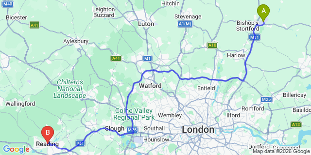 Map: London Stansted Airport (STN) to Reading