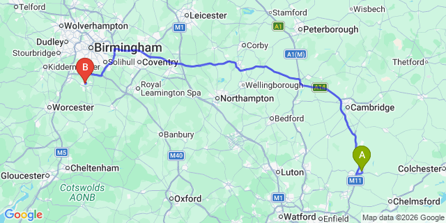 Map: London Stansted Airport (STN) to Redditch