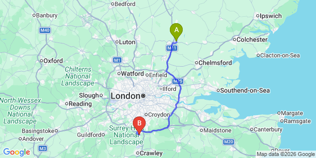 Map: London Stansted Airport (STN) to Redhill