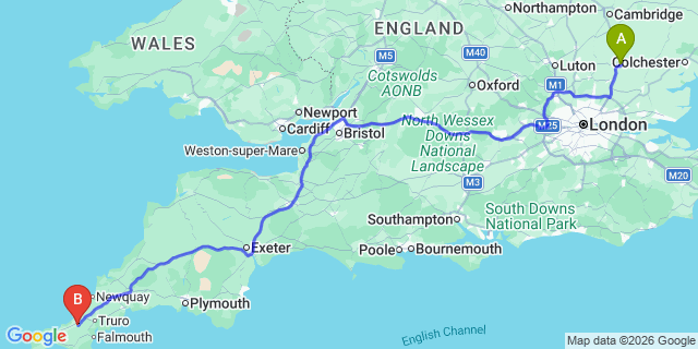 Map: London Stansted Airport (STN) to Redruth