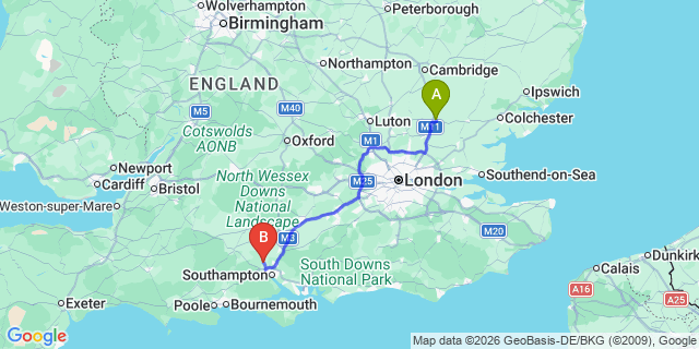 Map: London Stansted Airport (STN) to Romsey