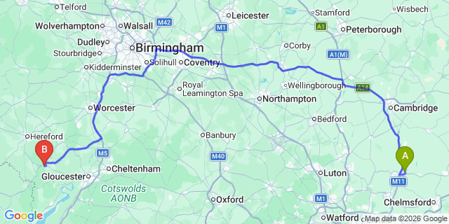 Map: London Stansted Airport (STN) to Ross-On-Wye