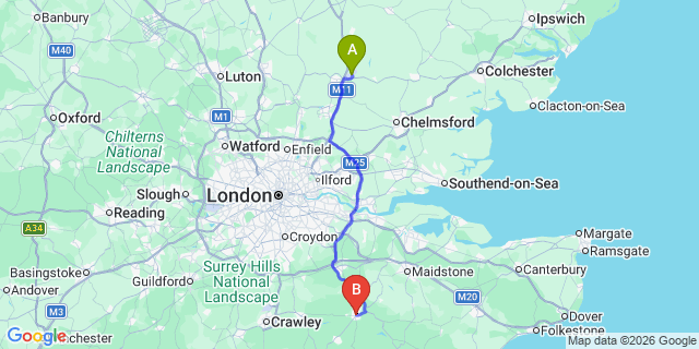 Map: London Stansted Airport (STN) to Royal Tunbridge Wells