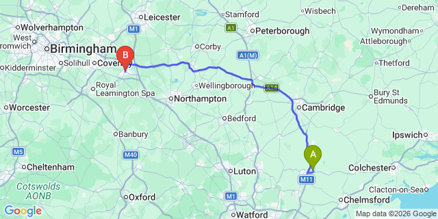Map: London Stansted Airport (STN) to Rugby