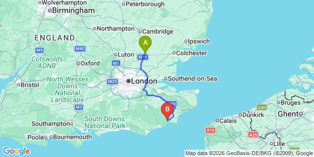 Map: London Stansted Airport (STN) to Rye