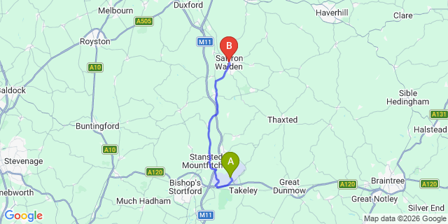 Map: London Stansted Airport (STN) to Saffron Waldon