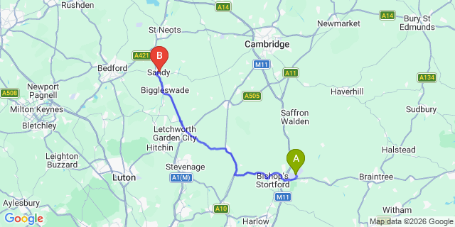 Map: London Stansted Airport (STN) to Sandy