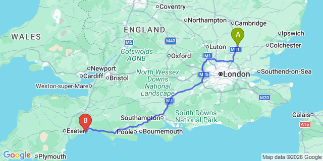 Map: London Stansted Airport (STN) to Seaton