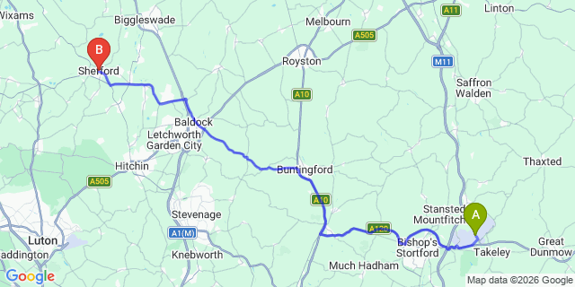 Map: London Stansted Airport (STN) to Shefford