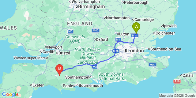 Map: London Stansted Airport (STN) to Sherborne