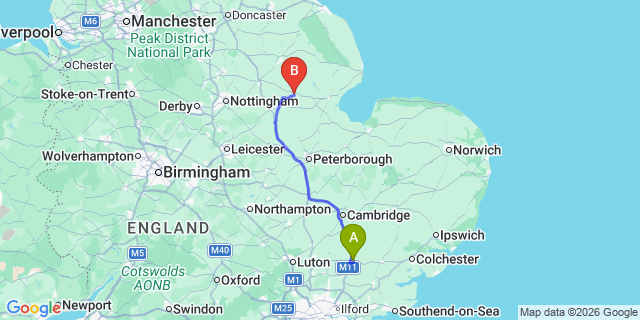 Map: London Stansted Airport (STN) to Sleaford