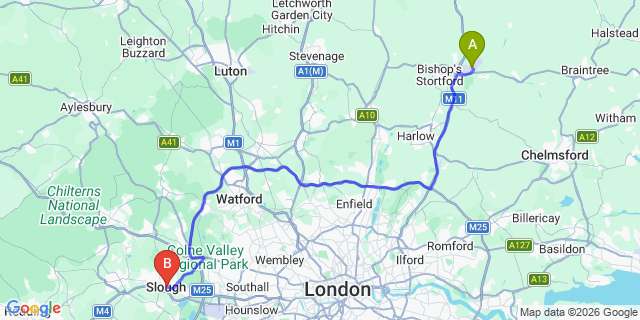 Map: London Stansted Airport (STN) to Slough