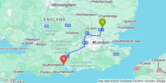 Map: London Stansted Airport (STN) to Southampton