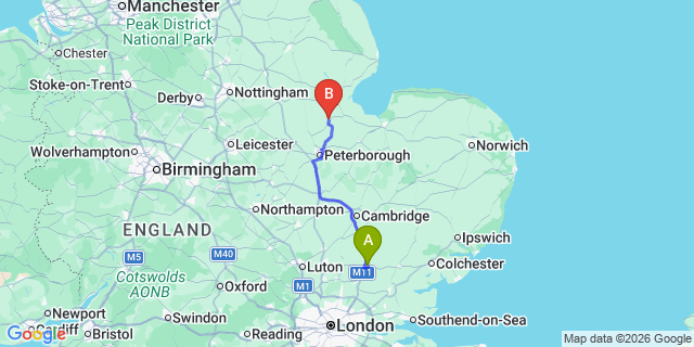 Map: London Stansted Airport (STN) to Spalding